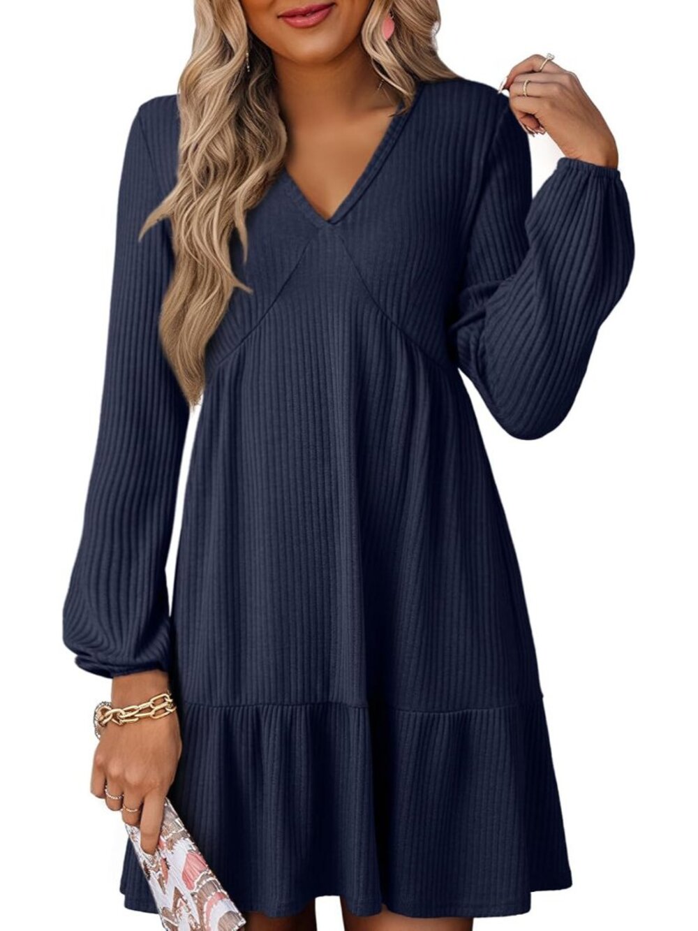 Chic Women's Long Sleeve V-Neck Ribbed Knit Mini Dress
